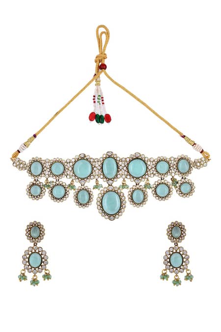 Buy_Ishhaara_Green Diamonds, Stones Geometric Cut Work Choker Necklace Set _Online_at_Aza_Fashions