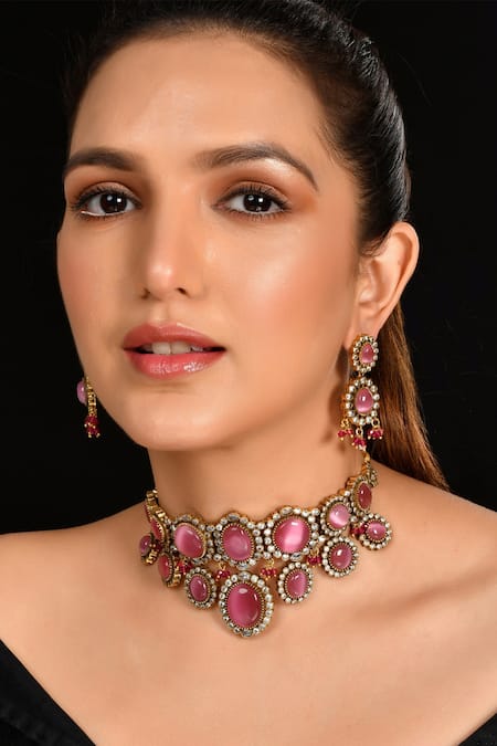 Ishhaara Pink Kundan Embellished Geometric Choker Necklace Set