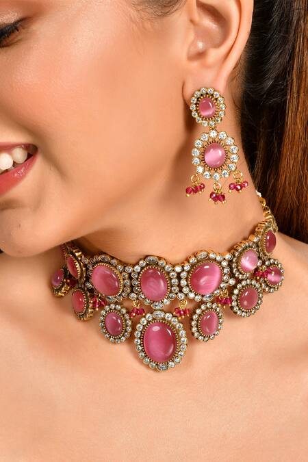 Ishhaara_Pink Diamonds, Beads Embellished Geometric Choker Necklace Set _Online_at_Aza_Fashions