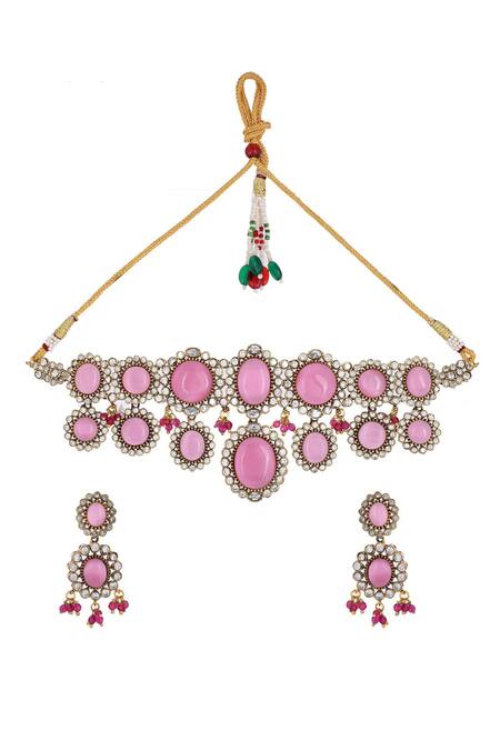 Shop_Ishhaara_Pink Diamonds, Beads Embellished Geometric Choker Necklace Set _Online_at_Aza_Fashions