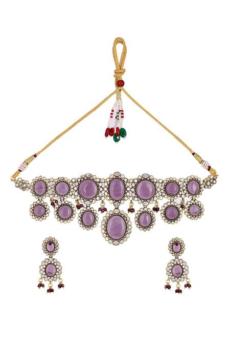 Buy_Ishhaara_Purple Beads, Stones Kundan Embellished Necklace Set _Online_at_Aza_Fashions