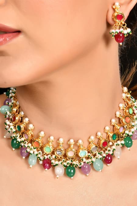 Ishhaara_Multi Color Diamonds, Pearls, Stones Embellished Kundan Choker Necklace Set _Online_at_Aza_Fashions