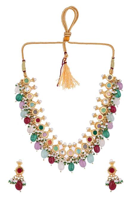 Buy_Ishhaara_Multi Color Diamonds, Pearls, Stones Embellished Kundan Choker Necklace Set _Online_at_Aza_Fashions