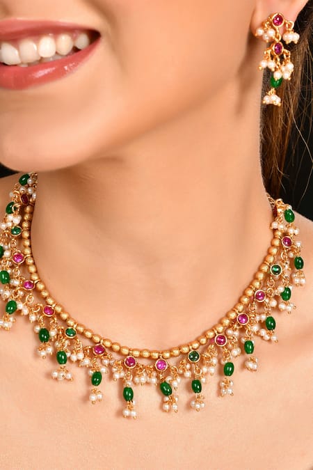 Ishhaara_Multi Color Diamonds, Pearls, Stones Kundan Embellished Necklace Set _Online_at_Aza_Fashions