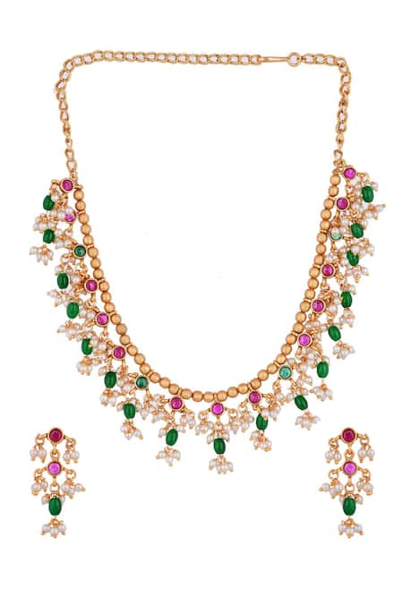 Buy_Ishhaara_Multi Color Diamonds, Pearls, Stones Kundan Embellished Necklace Set _Online_at_Aza_Fashions