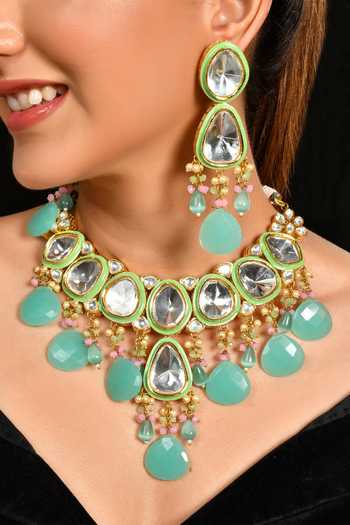 Ishhaara_Blue Pearls, Stones Embellished Choker Necklace Set_Online_at_Aza_Fashions