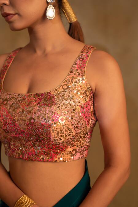 Buy_Priyanka Raajiv_Multi Color Silk, Brocade Sequins Square Neck Anmol Hand Embroidered Blouse _Online_at_Aza_Fashions