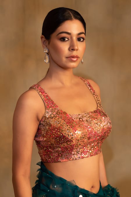 Shop_Priyanka Raajiv_Multi Color Silk, Brocade Sequins Square Neck Anmol Hand Embroidered Blouse _Online_at_Aza_Fashions