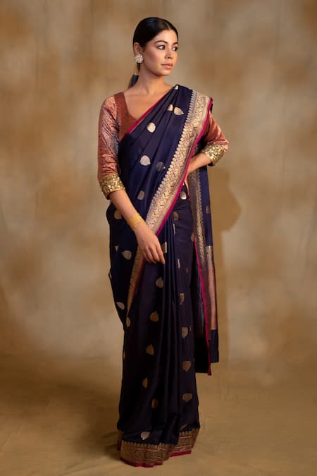 Buy_Priyanka Raajiv_Blue Silk Embroidery Arshiya Floral And Butis Pattern Saree With Unstitched Blouse _Online_at_Aza_Fashions