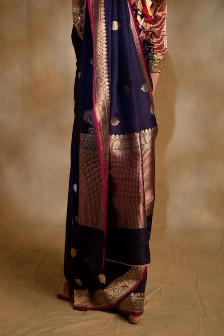 Shop_Priyanka Raajiv_Blue Silk Embroidery Arshiya Floral And Butis Pattern Saree With Unstitched Blouse _Online_at_Aza_Fashions