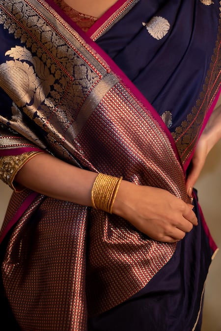 Buy_Priyanka Raajiv_Blue Silk Embroidery Arshiya Floral And Butis Pattern Saree With Unstitched Blouse 