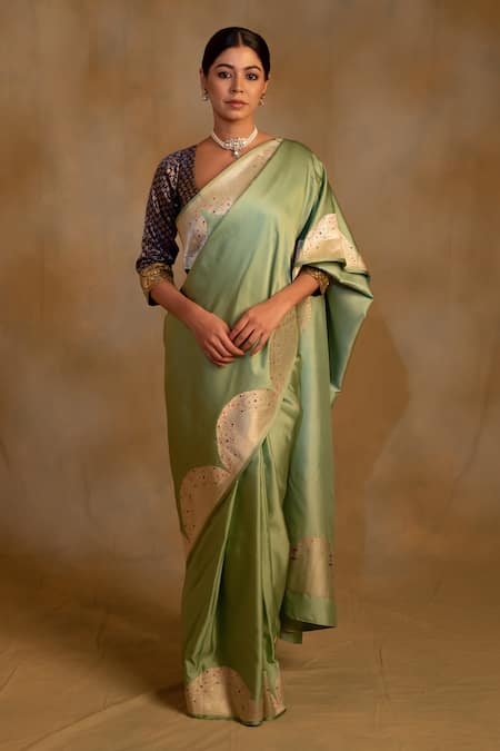Priyanka Raajiv Green Silk Banarasi Bhagwati Pattern Saree With Unstitched Blouse 
