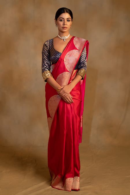 Priyanka Raajiv Red Silk Banarasi Floral Bhagwati Saree With Unstitched Blouse 