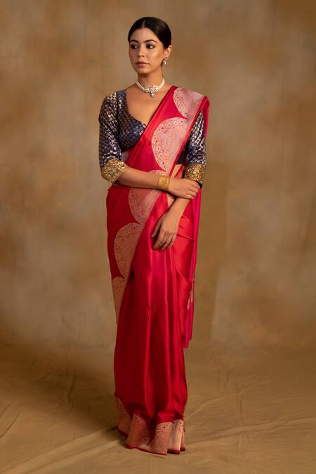 Priyanka Raajiv_Red Silk Embroidery Bhagwati Floral Saree With Unstitched Blouse_Online_at_Aza_Fashions