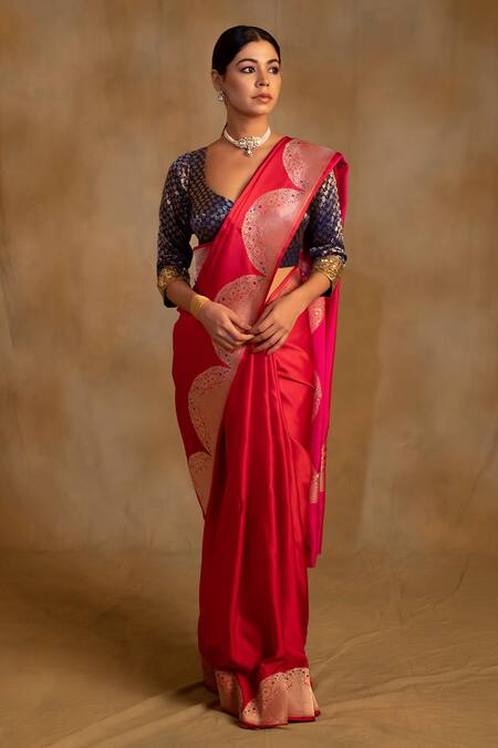Buy_Priyanka Raajiv_Red Silk Embroidery Bhagwati Floral Saree With Unstitched Blouse_Online_at_Aza_Fashions