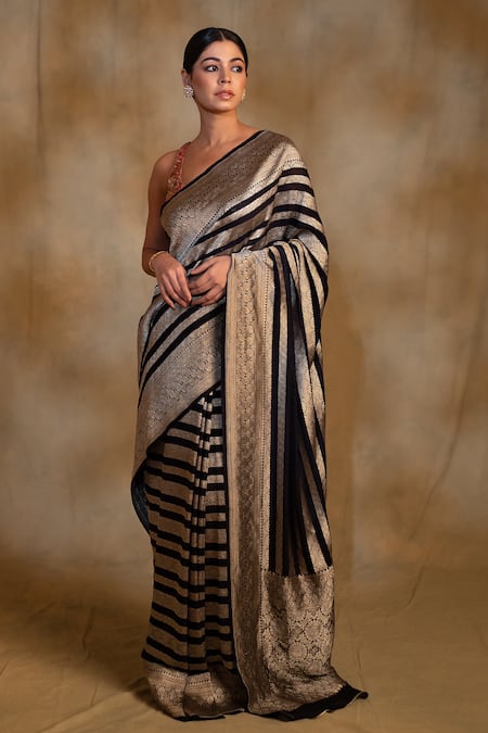 Shop_Priyanka Raajiv_Blue Silk Zari Chaitra Floral Pattern Saree With Unstitched Blouse _Online_at_Aza_Fashions