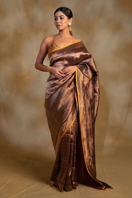 Priyanka Raajiv_Purple Silk, Brocade Zari Chhath Floral Pattern Saree With Unstitched Blouse _Online_at_Aza_Fashions