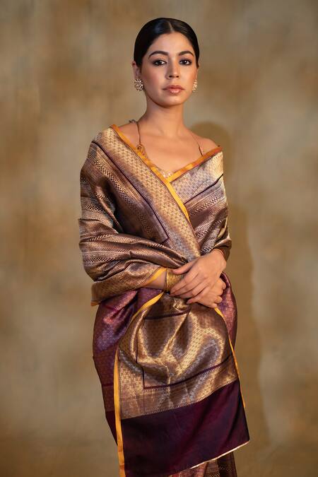 Shop_Priyanka Raajiv_Purple Silk, Brocade Zari Chhath Floral Pattern Saree With Unstitched Blouse _Online_at_Aza_Fashions