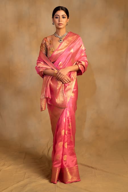 Priyanka Raajiv Pink Silk Chanderi Paisley Deepa Floral Pattern Saree With Unstitched Blouse