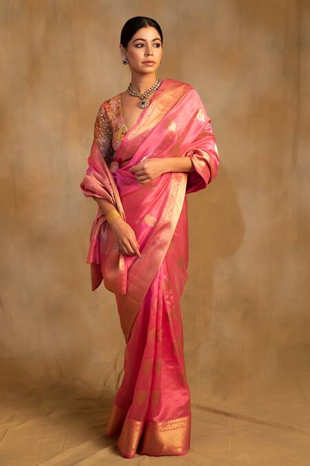 Priyanka Raajiv_Pink Silk, Chanderi Foil Deepa Floral Pattern Saree With Unstitched Blouse_Online_at_Aza_Fashions