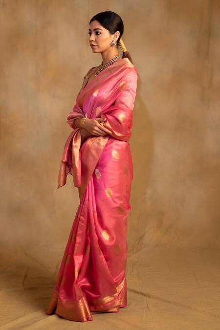 Buy_Priyanka Raajiv_Pink Silk, Chanderi Foil Deepa Floral Pattern Saree With Unstitched Blouse_Online_at_Aza_Fashions