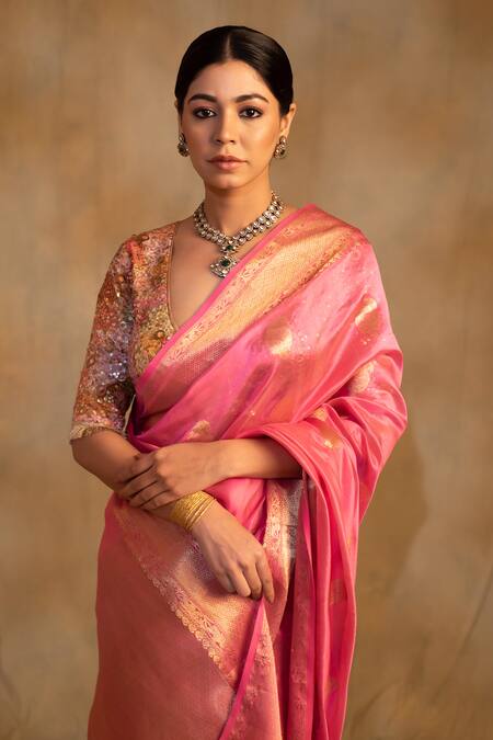 Shop_Priyanka Raajiv_Pink Silk, Chanderi Foil Deepa Floral Pattern Saree With Unstitched Blouse_Online_at_Aza_Fashions