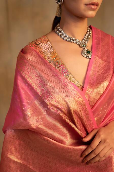 Priyanka Raajiv_Pink Silk, Chanderi Foil Deepa Floral Pattern Saree With Unstitched Blouse_at_Aza_Fashions