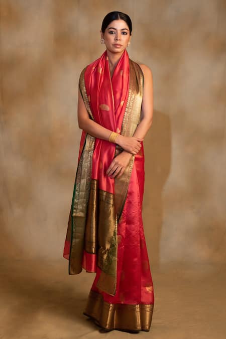 Priyanka Raajiv Red Silk Chanderi Paisley Butti Deepa Floral Saree With Unstitched Blouse