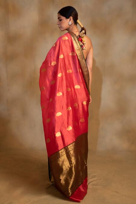 Shop_Priyanka Raajiv_Red Silk, Chanderi Embroidery Deepa Floral Saree With Unstitched Blouse_Online_at_Aza_Fashions