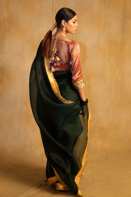Shop Priyanka Raajiv Green Silk Organza Zari Dooj Kiran Finish Border Saree at Aza Fashions Shop_Priyanka Raajiv_Green Silk Organza Zari Dooj Kiran Finish Border Saree _at_Aza_Fashions