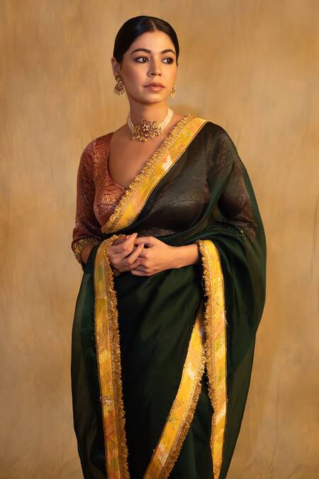 Shop Priyanka Raajiv Green Silk Organza Zari Dooj Kiran Finish Border Saree Online at Aza Fashions Shop_Priyanka Raajiv_Green Silk Organza Zari Dooj Kiran Finish Border Saree _Online_at_Aza_Fashions