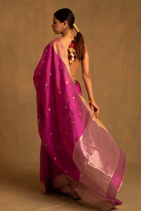 Shop_Priyanka Raajiv_Pink Silk, Chanderi Embroidery Dree Butti Pattern Saree With Unstitched Blouse _at_Aza_Fashions