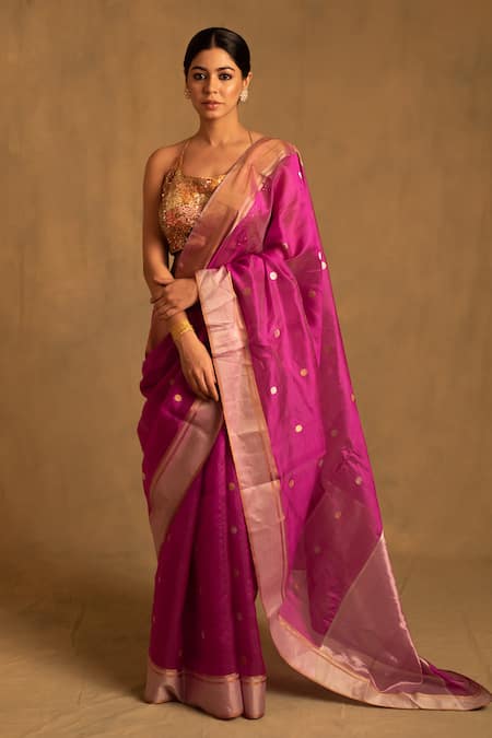 Priyanka Raajiv_Pink Silk, Chanderi Embroidery Dree Butti Pattern Saree With Unstitched Blouse _Online_at_Aza_Fashions