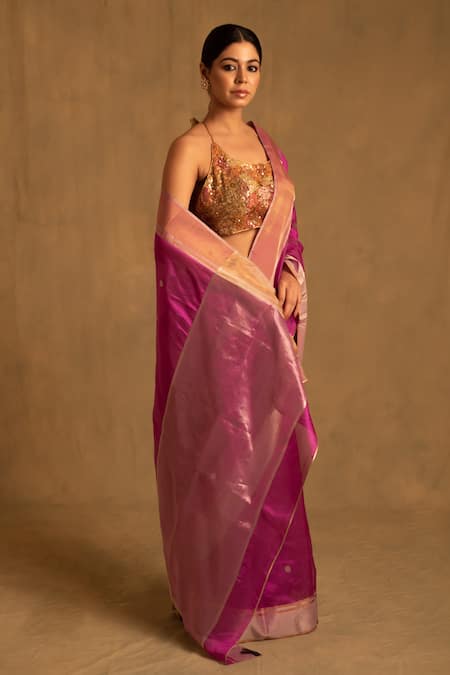 Buy_Priyanka Raajiv_Pink Silk, Chanderi Embroidery Dree Butti Pattern Saree With Unstitched Blouse _Online_at_Aza_Fashions
