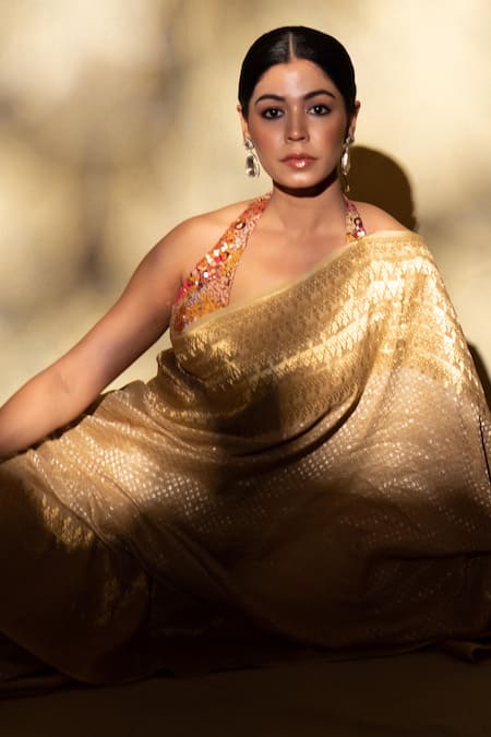 Priyanka Raajiv_Beige Silk, Georgette Ganga Dots Pattern Saree With Unstitched Blouse _Online_at_Aza_Fashions