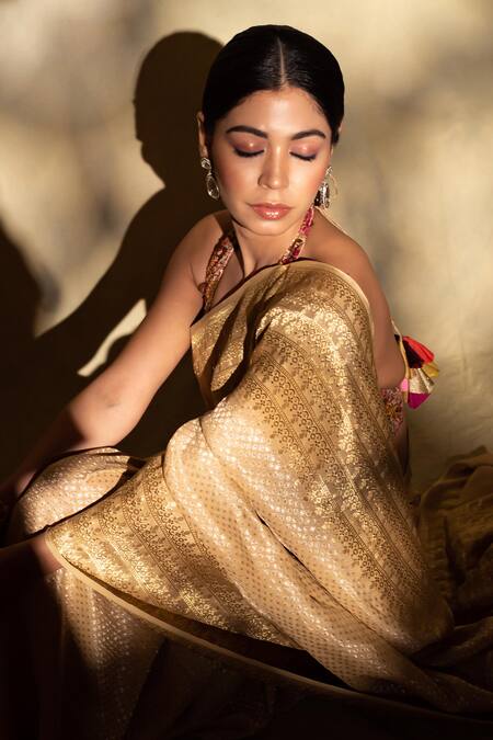 Buy_Priyanka Raajiv_Beige Silk, Georgette Ganga Dots Pattern Saree With Unstitched Blouse _Online_at_Aza_Fashions