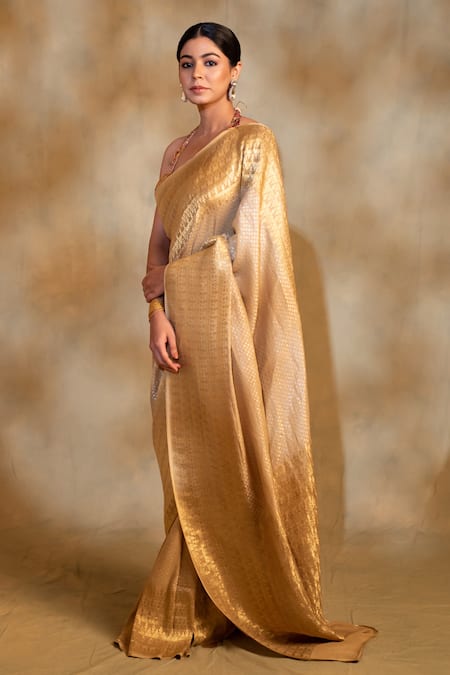 Shop_Priyanka Raajiv_Beige Silk, Georgette Ganga Dots Pattern Saree With Unstitched Blouse _Online_at_Aza_Fashions