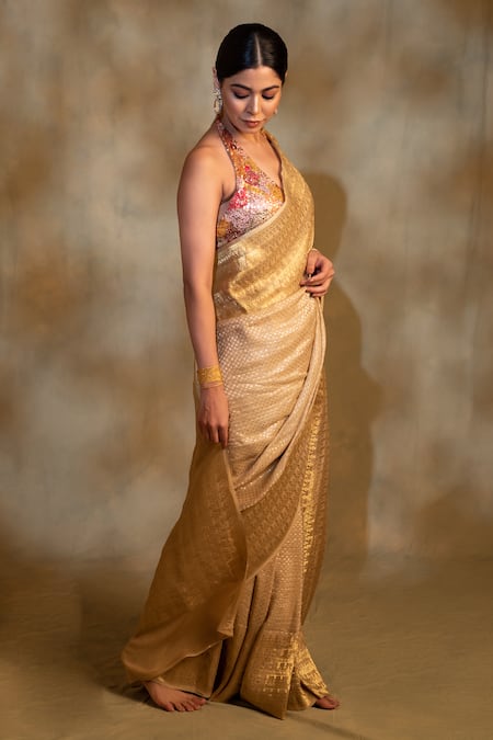 Priyanka Raajiv_Beige Silk, Georgette Ganga Dots Pattern Saree With Unstitched Blouse _at_Aza_Fashions
