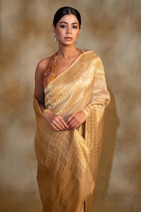 Buy_Priyanka Raajiv_Beige Silk, Georgette Ganga Dots Pattern Saree With Unstitched Blouse 