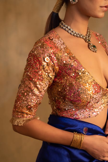 Shop_Priyanka Raajiv_Multi Color Silk, Brocade Sequins Round Neck Gauransh Hand Embroidered Blouse _Online_at_Aza_Fashions