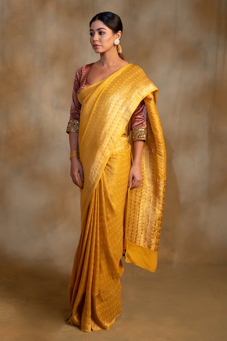 Shop Priyanka Raajiv Yellow Silk, Gudi Pattidaar Pattern Banarasi Saree With Unstitched Blouse Online at Aza Fashions Shop_Priyanka Raajiv_Yellow Silk, Gudi Pattidaar Pattern Banarasi Saree With Unstitched Blouse _Online_at_Aza_Fashions