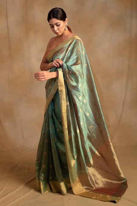 Buy_Priyanka Raajiv_Green Silk, Chanderi Harela Floral Pattern Saree With Unstitched Blouse _Online_at_Aza_Fashions