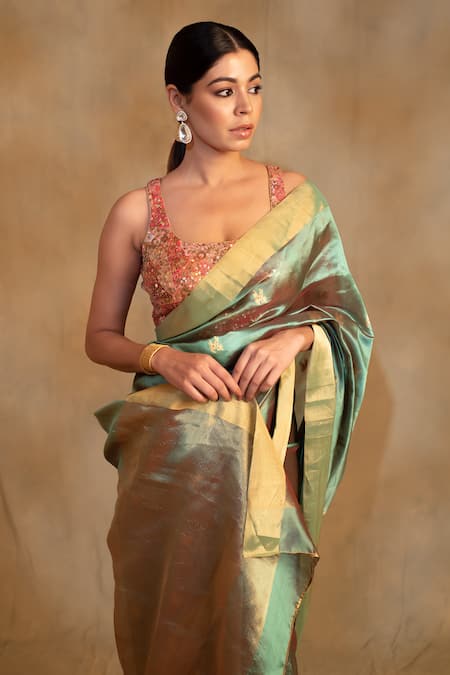 Priyanka Raajiv_Green Silk, Chanderi Harela Floral Pattern Saree With Unstitched Blouse _at_Aza_Fashions
