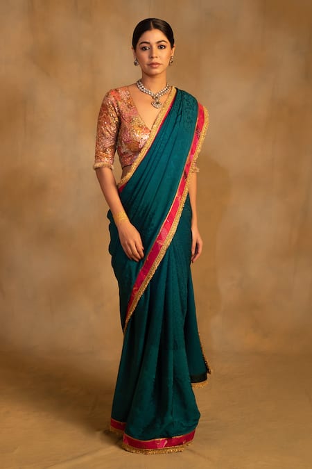 Priyanka Raajiv Green Silk, Crepe Embroidery Holi Floral Pattern Saree Online at Aza Fashions Priyanka Raajiv_Green Silk, Crepe Embroidery Holi Floral Pattern Saree _Online_at_Aza_Fashions
