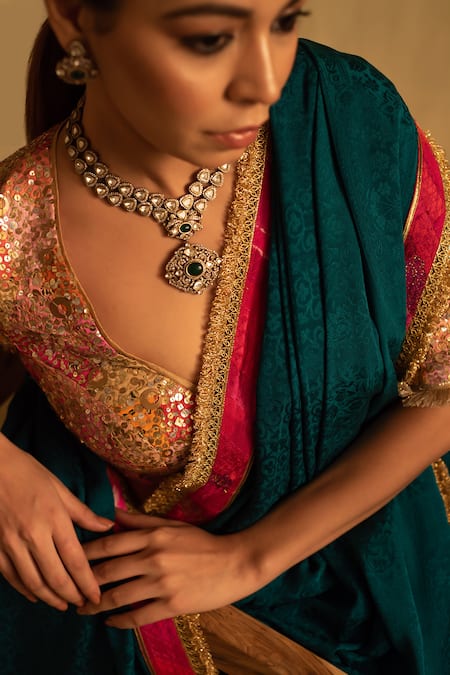 Buy Priyanka Raajiv Green Silk, Crepe Embroidery Holi Floral Pattern Saree Buy_Priyanka Raajiv_Green Silk, Crepe Embroidery Holi Floral Pattern Saree