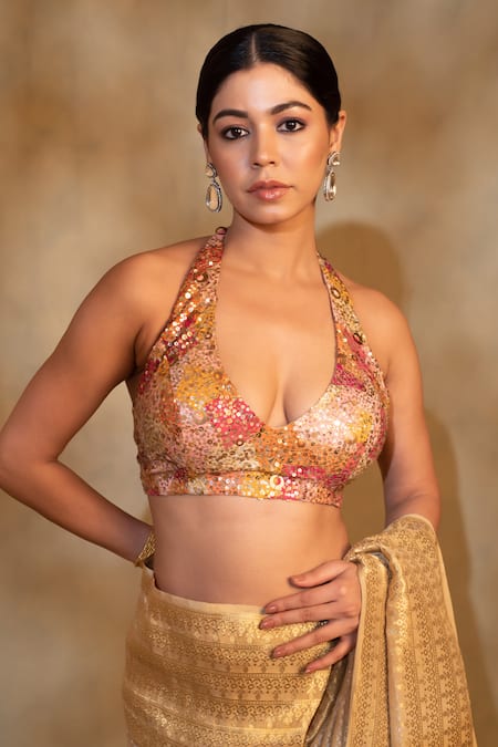 Priyanka Raajiv Multi Color Silk Hand Embroiderred Sequins Clusters Halter Jahnu Blouse