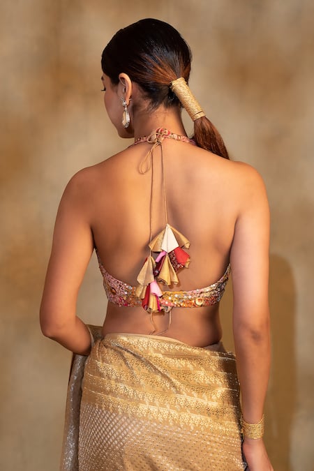 Shop_Priyanka Raajiv_Multi Color Silk, Brocade Sequins Halter Neck Jahnu Hand Embroidered Blouse _at_Aza_Fashions