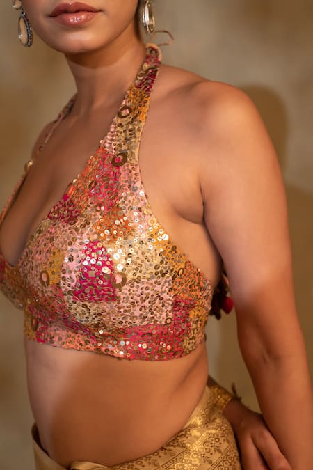 Shop_Priyanka Raajiv_Multi Color Silk, Brocade Sequins Halter Neck Jahnu Hand Embroidered Blouse _Online_at_Aza_Fashions