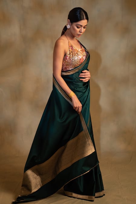 Buy_Priyanka Raajiv_Green Silk Jayanti Geometric Pattern Saree With Unstitched Blouse _Online_at_Aza_Fashions