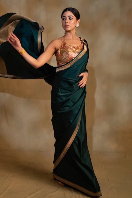 Shop_Priyanka Raajiv_Green Silk Jayanti Geometric Pattern Saree With Unstitched Blouse _Online_at_Aza_Fashions